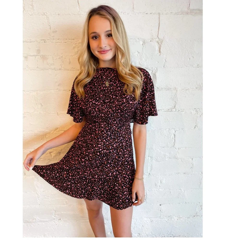 NEW Free People Florence Mini Dress Floral Lace Up Smocked Evening Combo Black - Picture 12 of 12